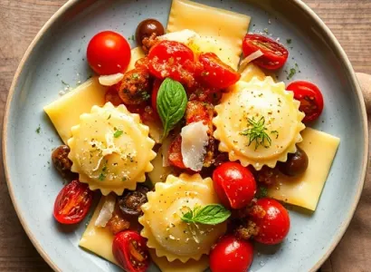 Raviolis aux épinards avec tomates séchées et salsa aux pignons