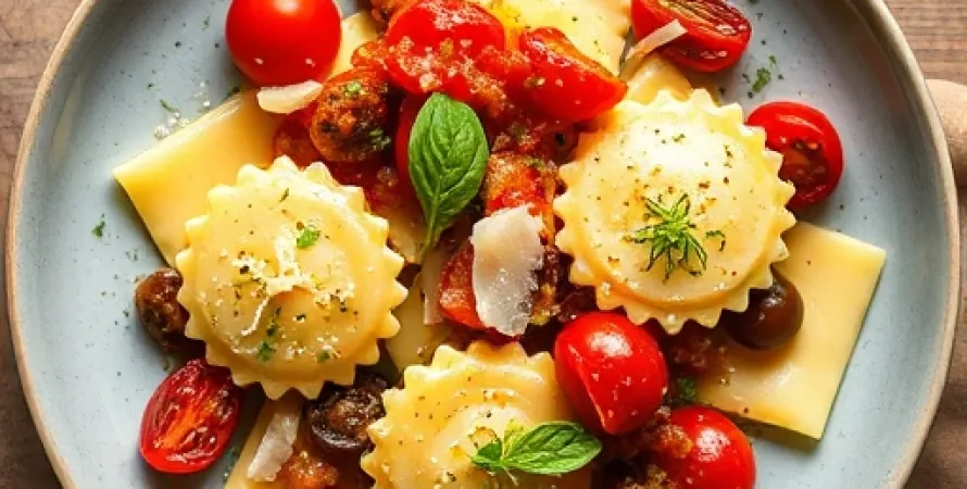 Raviolis aux épinards avec tomates séchées et salsa aux pignons