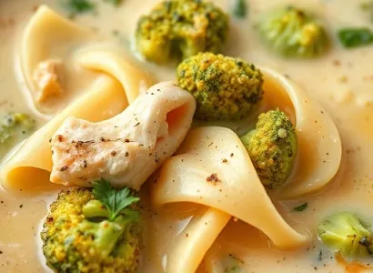 Soupe de pâtes au fromage et brocolis