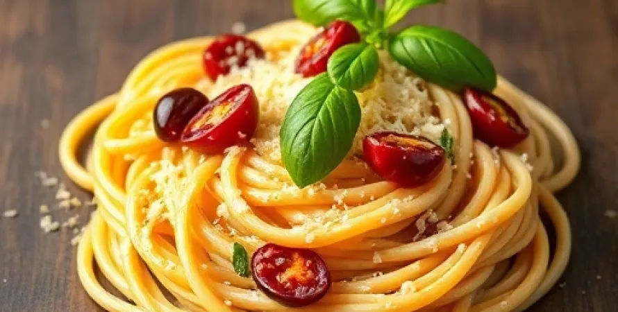 Carbonara aux tomates séchées, olives et parmesan
