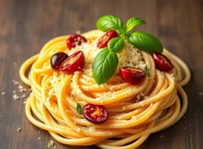 Carbonara aux tomates séchées, olives et parmesan