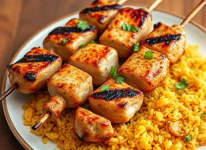 Brochettes de poulet et légumes sur riz au safran