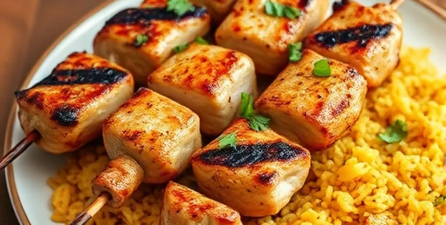 Brochettes de poulet et légumes sur riz au safran