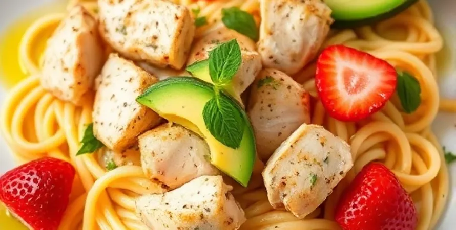 Poulet, avocat et fraises aux pâtes