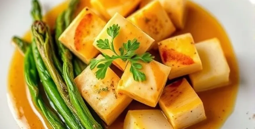 Tofu au grain moutarde aux épinards et patate douce