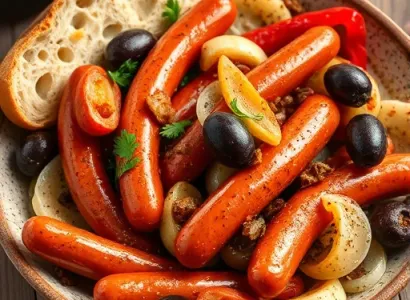 Saucisses au poivron, oignon et olives