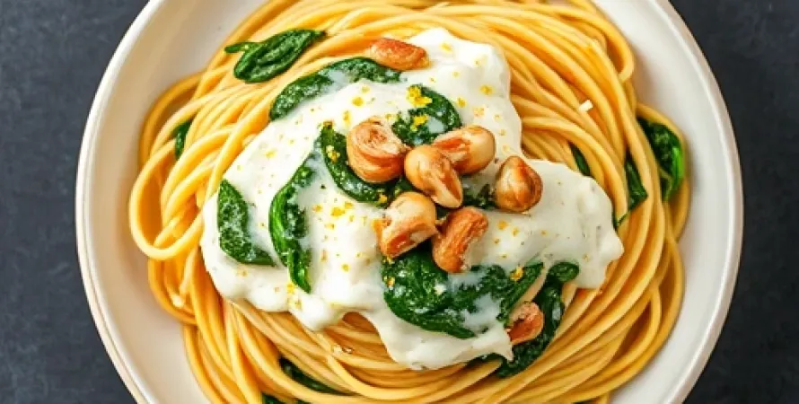Spaghettis au mascarpone, citron, épinards et noisettes