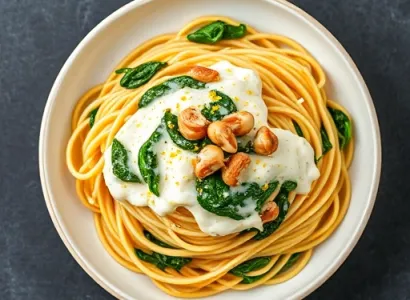 Spaghettis au mascarpone, citron, épinards et noisettes