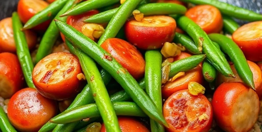 Saucisses chinoises et haricots verts sautés