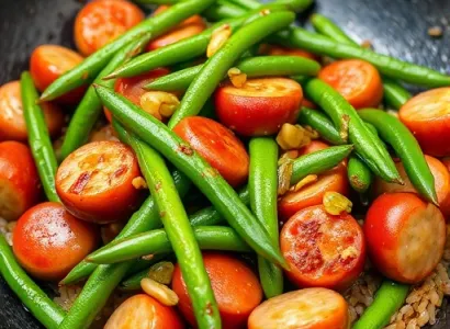 Saucisses chinoises et haricots verts sautés