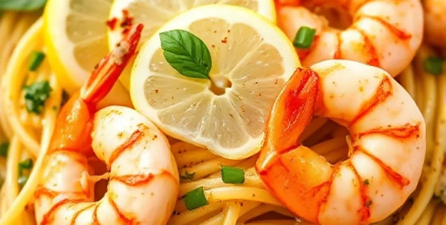 Crevettes et pâtes à la sauce aux herbes et citron