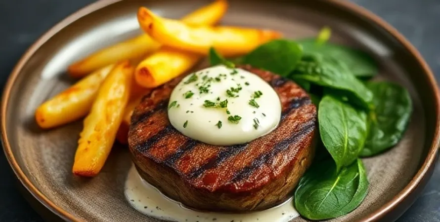 Steak au four avec pommes de terre et spinach