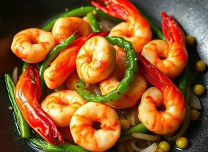 Crevettes rouges et blanches aux légumes