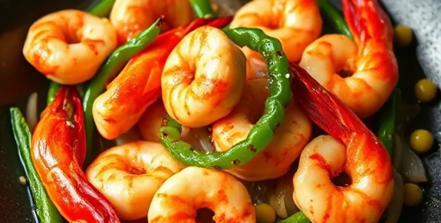 Crevettes rouges et blanches aux légumes