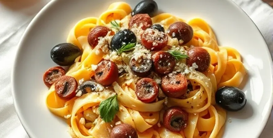 Fettuccines aux saucisses et olives
