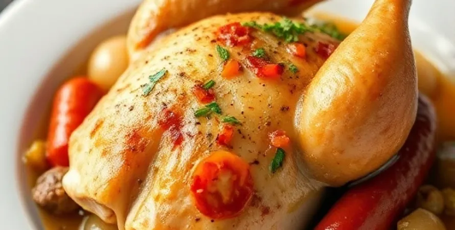Poulet braisé au saucisson et oignons