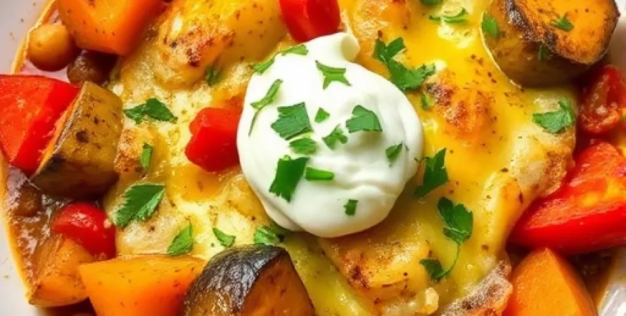 Gratin de patates douces, poivrons et aubergines