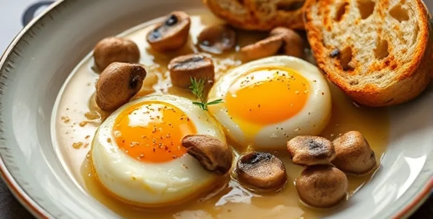 Oeufs brouillés aux champignons, oignons et parmesan
