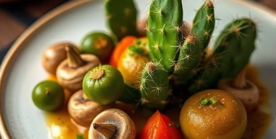 Potage de champignons au cactus et tomatillos