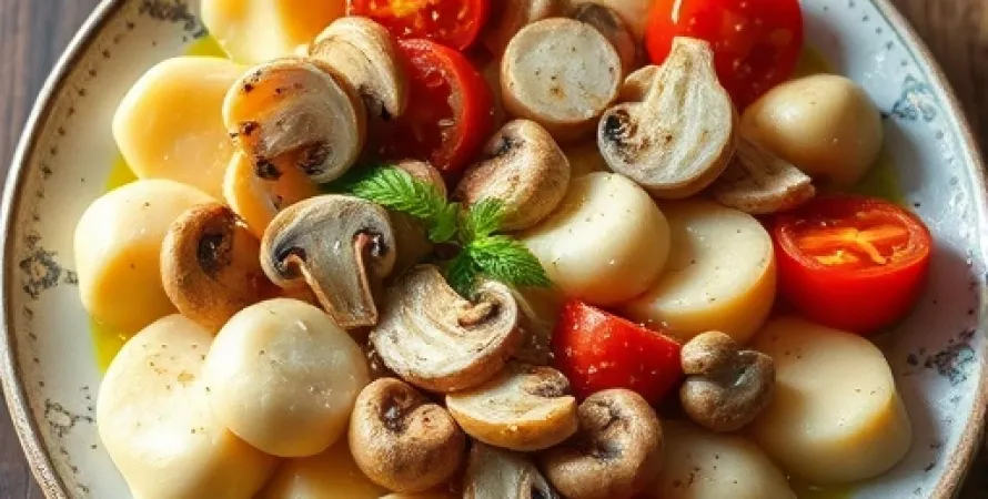 Pâtes aux champignons, tomates séchées et pignons