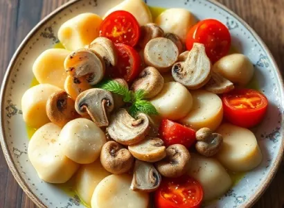 Pâtes aux champignons, tomates séchées et pignons