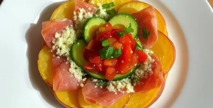 Galette de pommes de terre avec avocat, tomate et prosciutto
