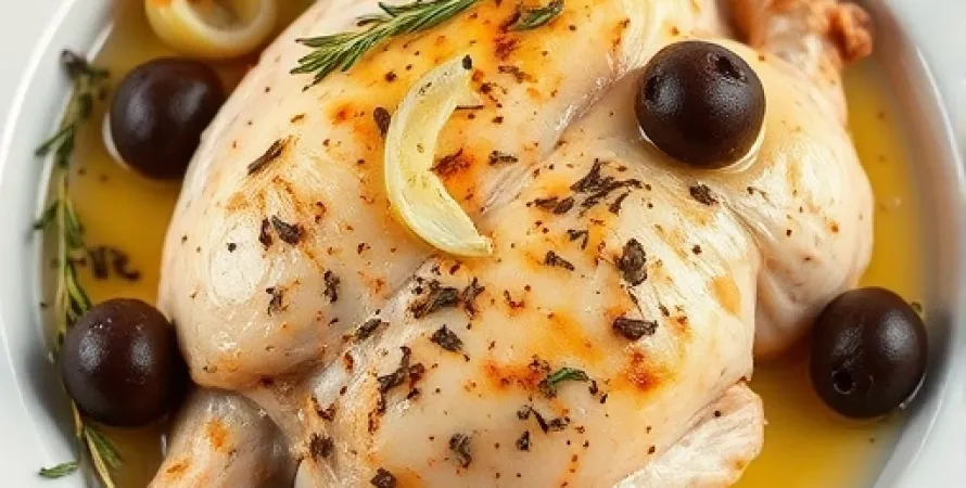 Poulet cuit au four avec thym, olives et échalotes