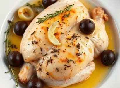 Poulet cuit au four avec thym, olives et échalotes