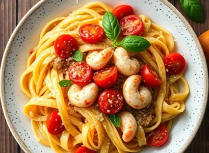 Crevettes aux tomates sur fettuccines