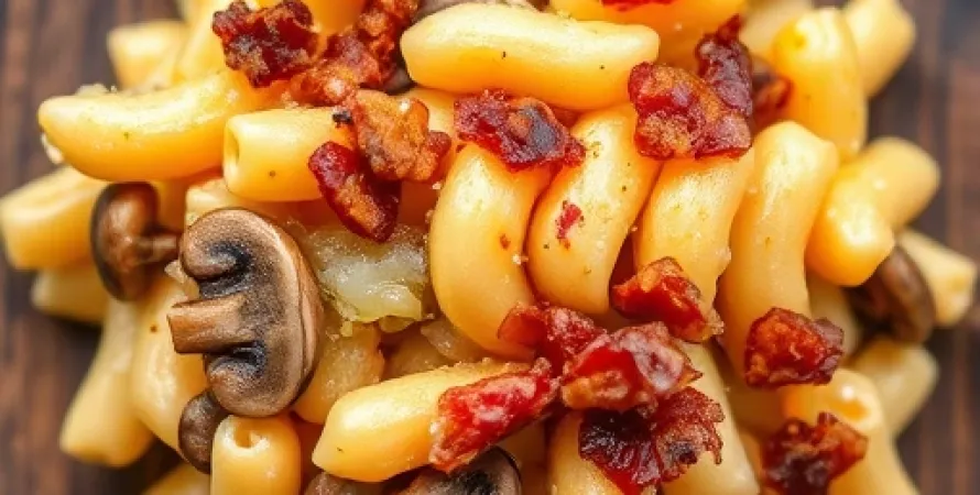 Macaroni au fromage avec champignons et lardons