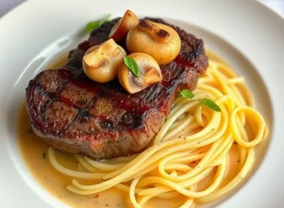 Steak de boeuf aux champignons et linguine