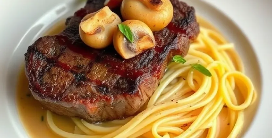 Steak de boeuf aux champignons et linguine