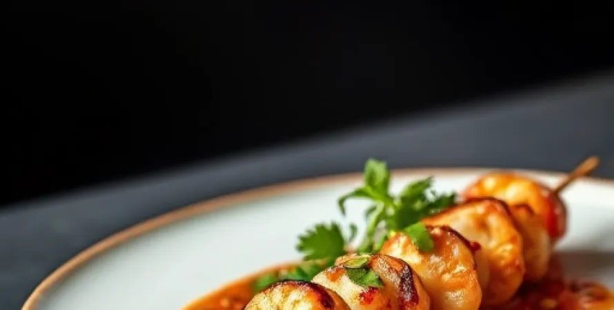 Brochettes de crevettes au poulet avec sauce aux arachides