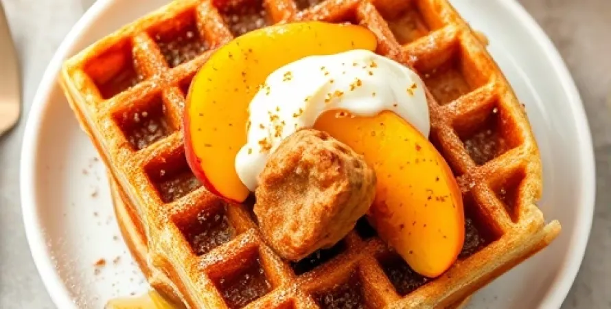 Gaufres au cinnamon avec topping aux peches