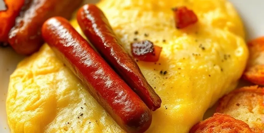 Omelette aux saucisses, bacon et hash browns