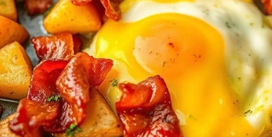 Oeufs et pommes de terre frites au bacon