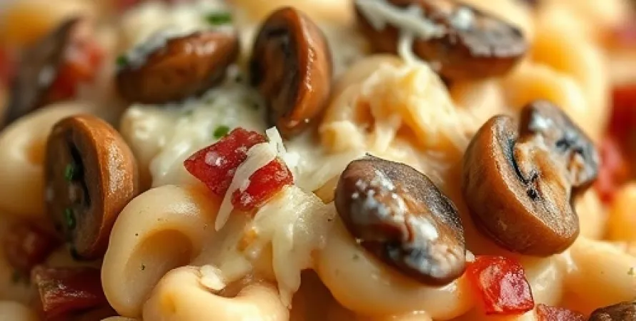Pâtes au fromage avec champignons et jambon cru