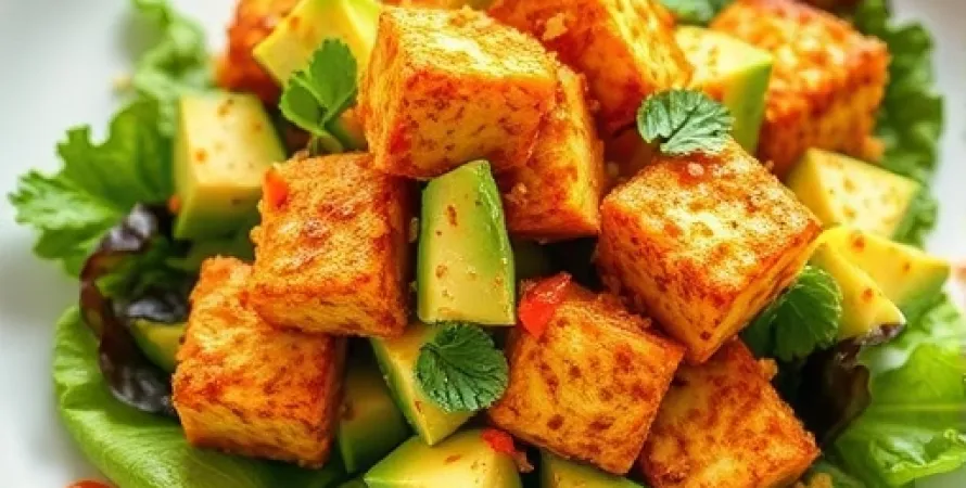 Tofu croustillant sur salade d'avocat