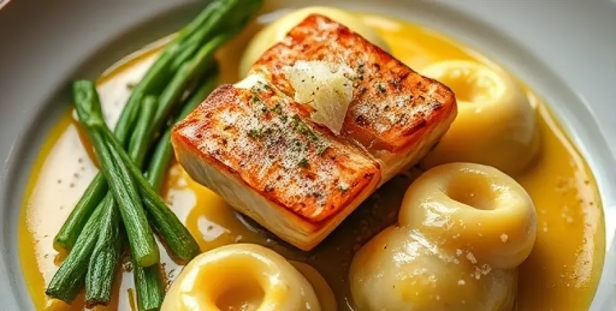 Saumon aux épinards et raviolis