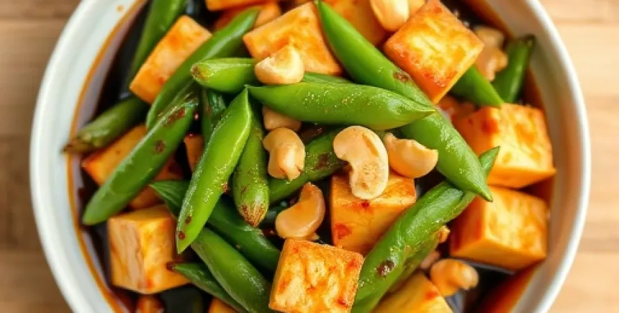 Tofu laqué aux pois gourmands et noix de cajou
