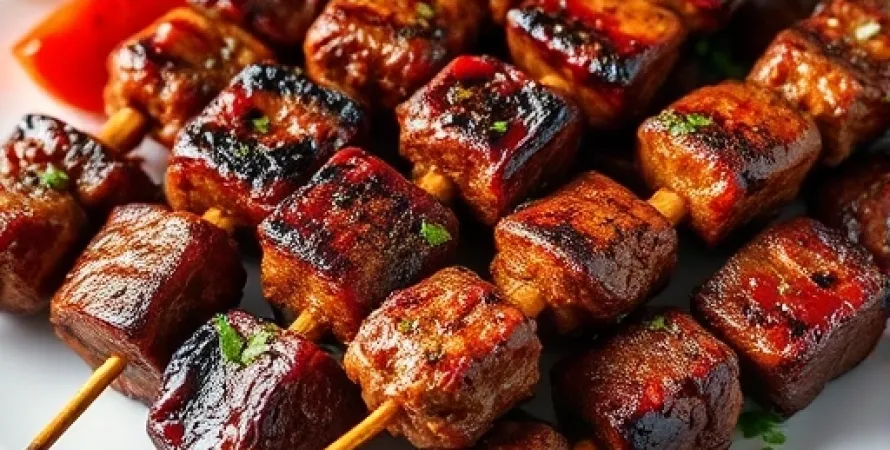 Brochettes de boeuf et légumes au vin rouge