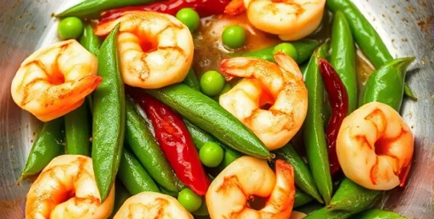 Poêlée de crevettes et pois plats