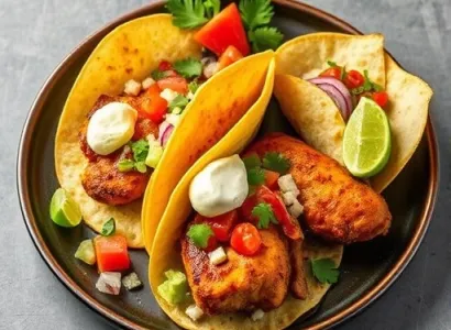 Tacos de poulet épicé avec salade de chou et crème d'avocat