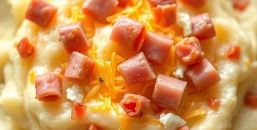 Purée de pommes de terre au jambon et fromage