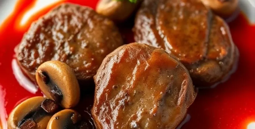 Médallons de boeuf et champignons en sauce rouge