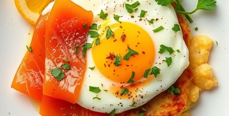 Rosti de pommes de terre au saumon fumé et œufs brouillés