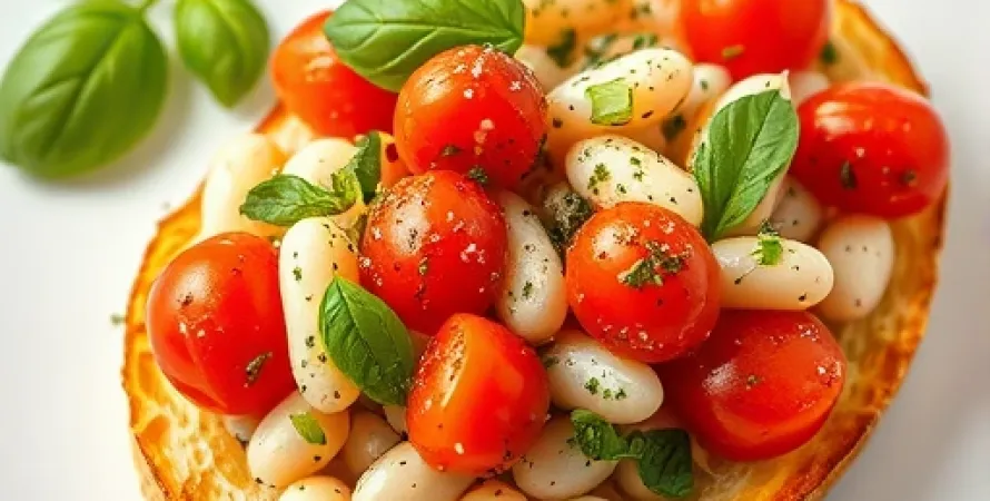 Bruschetta aux haricots blancs, tomates et herbes fraîches