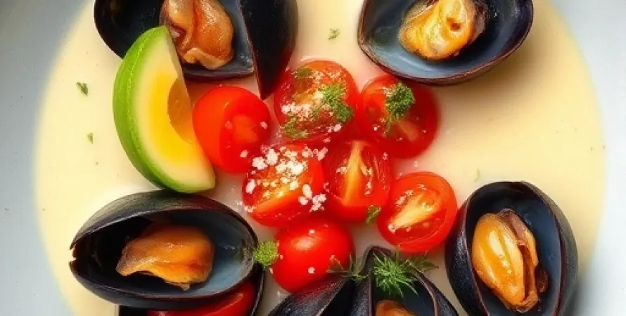 Soupe de moules aux avocats et tomates