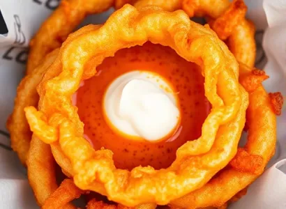 Anneaux d'oignon épais avec sauce piquante