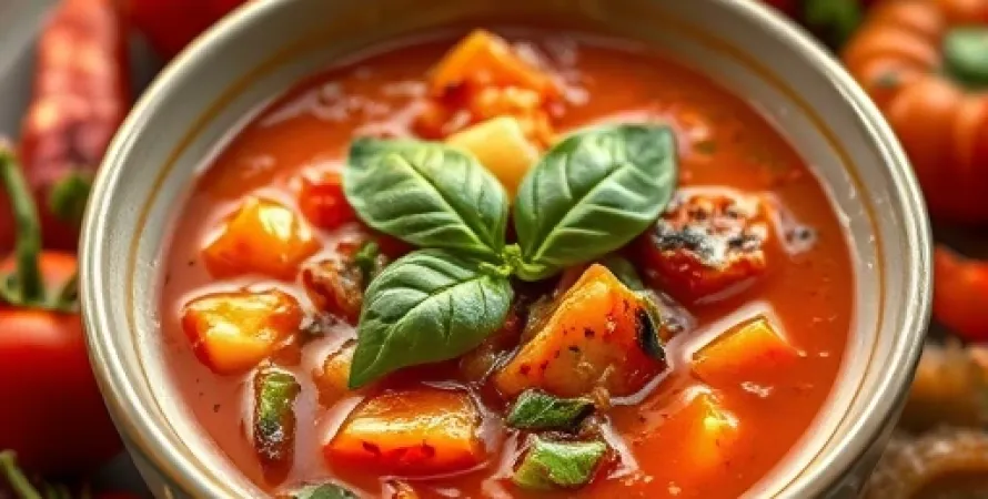 Potage de poivron, tomate et oignon